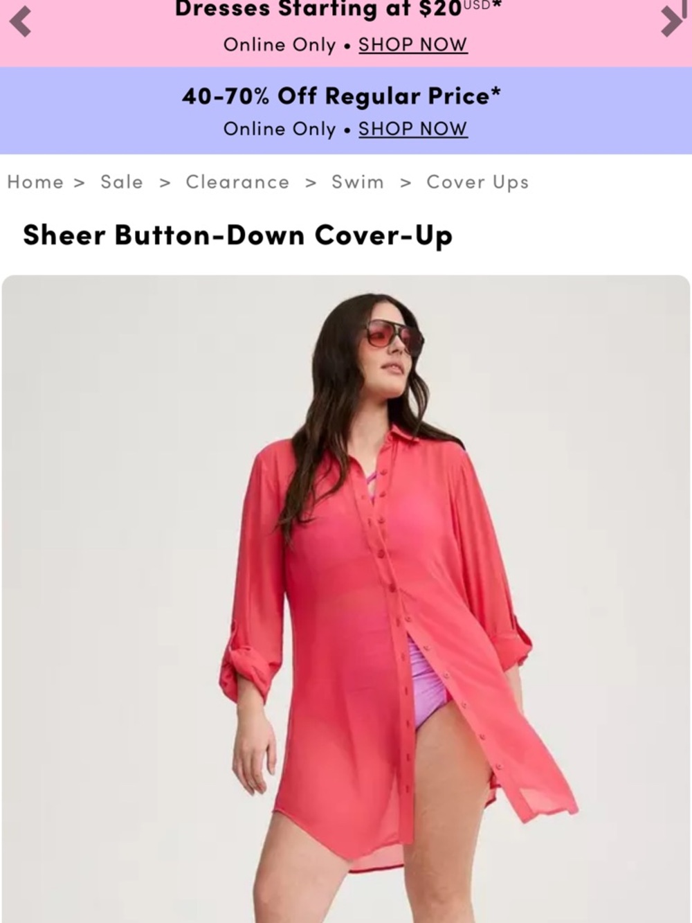 New 2x torrid Sheer Button-Down Swim Cover-Up in Coral small snags see pic